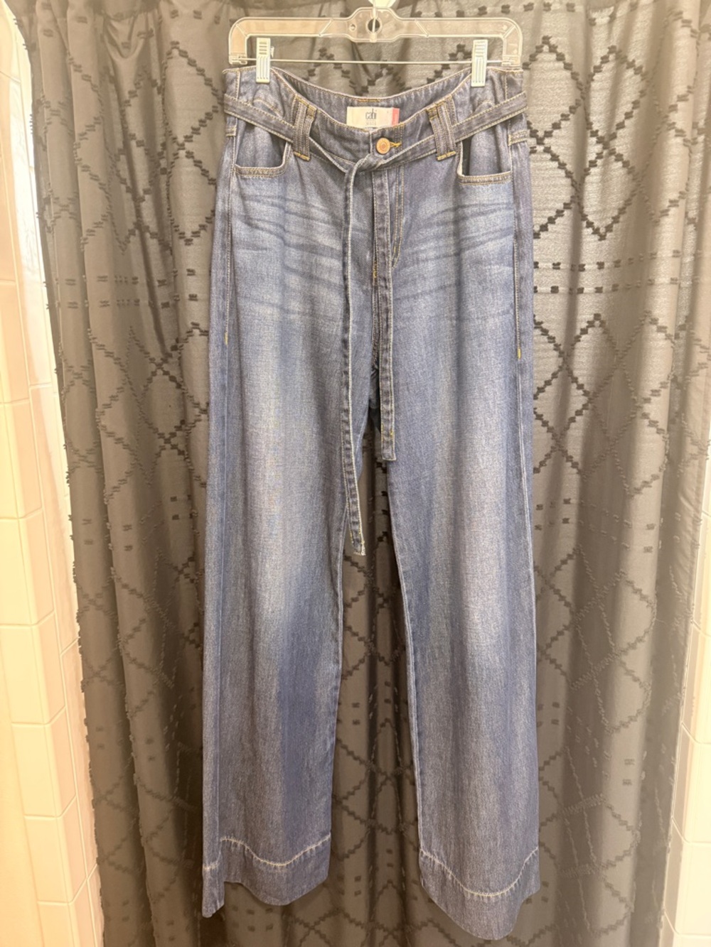 CAbi Blue Wide-Leg High-Rise Beau Jeans with Self-Tie Belt